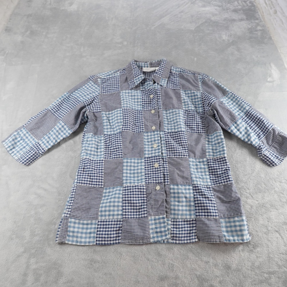 Womens Madras Check Button Up Shirt Blue M Cotton Preppy Coastal Casual - Picture 9 of 11